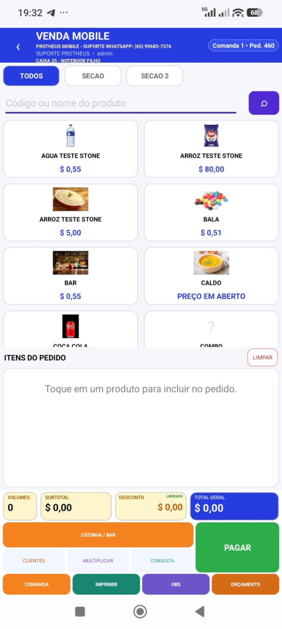 Tela real da Venda Mobile com produtos, total e botão pagar
